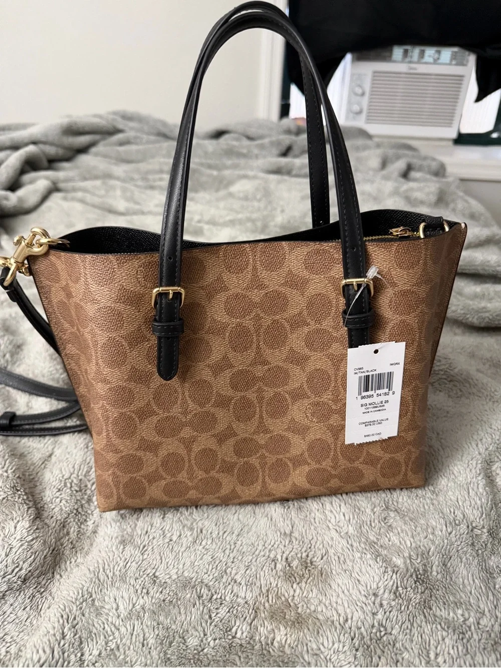Coach Brown Signature Tote with Black Leather Trim and Gold Hardware